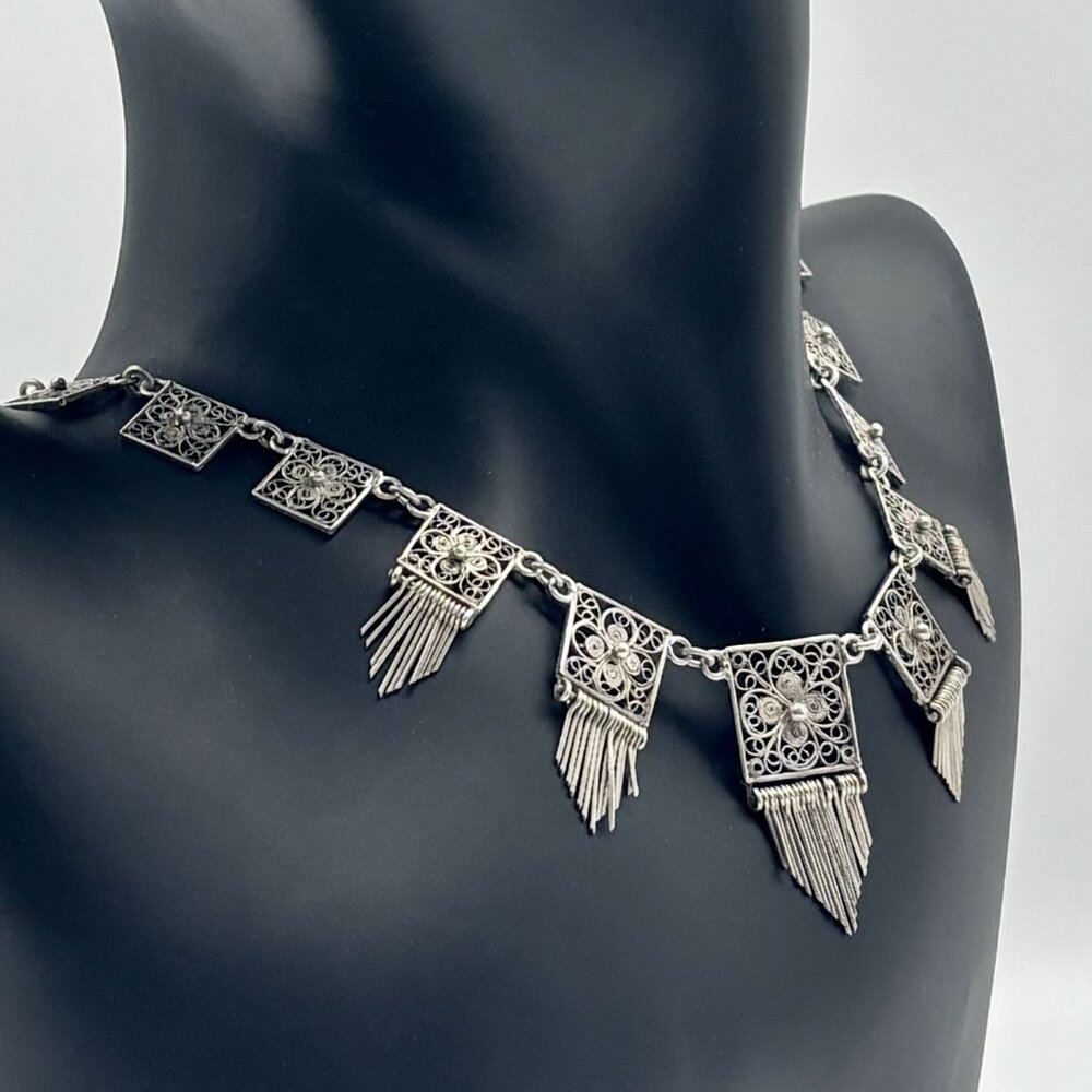 Vintage European Silver Delicate Filigree Squares Components With Dangles Collar - Picture 3 of 13